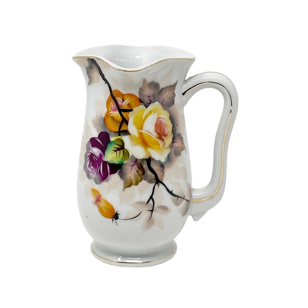 Ucagco Japan Floral Pitcher Vase with Gold Trim Footed Roses 5 Inches Tall MCM